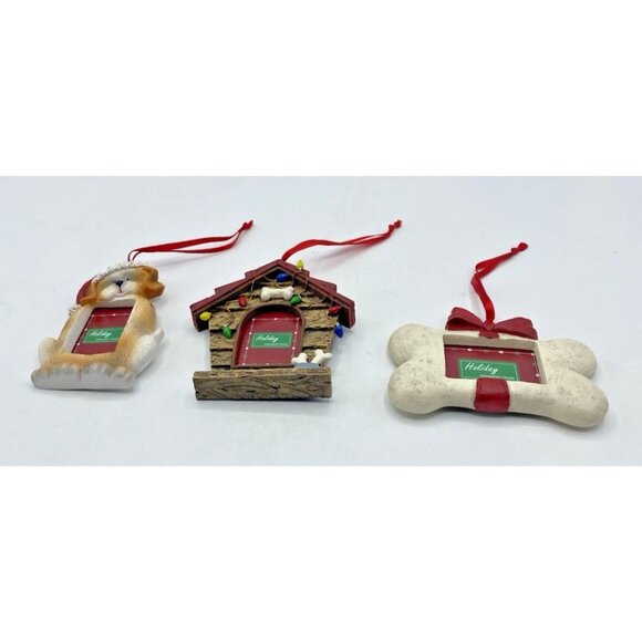 Dog Pet Mini Photo Frame Christmas Ornaments Set of 3 Dog House Bone Puppy - Picture 2 of 16